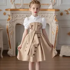 GENERICO - Vestido elegante para niña con diseño de lazo y botones Caqui