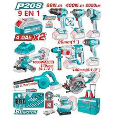 TOTAL TOOLS - Combo 9 En 1 Taladro, Llaves, Rotomartillo, Amoladora, Linterna + Accesorios-TOSLI250381
