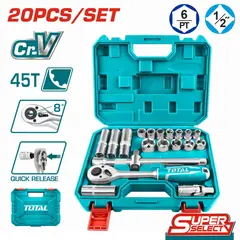 TOTAL TOOLS - Set 20 Piezas De Media Pulgada Con Maletín Industrial Ratchet - THT121201