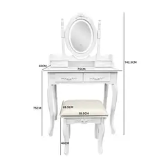 ANYHOGAR - Tocador con espejo iluminado y taburetes tapizados blancos