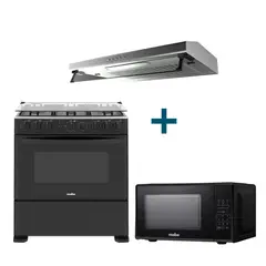 MABE - Combo Campana Extractora 90cm CMU9020PI0+Cocina a Gas 76cm CMP3020FN1+Microondas 20L HMM07PBN
