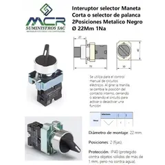 CHINT - INTERRUPTOR SELECTOR MANETA CORTA, 2 POSIC METALICO NEGRO 22Mm, 1Na