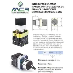CHINT - INTERRUPTOR SELECTOR MANETA CORTA, 3 POSIC METALICO NEGRO 22Mm, 2Na