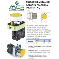 CHINT - INTERRUPTOR DE BOTON O PULSADOR METALICO RASANTE AMARILLO Ø22Mm 1NC