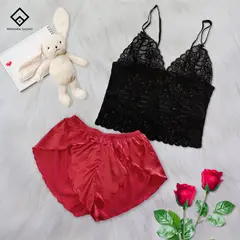 GENERICO - Conjunto Pijama Short Satin y Bralette Encaje