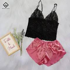 GENERICO - Conjunto Pijama Short Satin y Bralette Encaje
