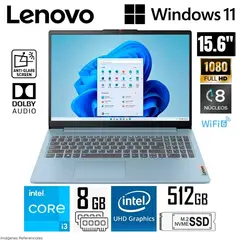 LENOVO - Laptop IdeaPad Slim 3 15IAN8 Intel Core i3-N305 8GB RAM 512GB SSD 15.6” FHD Modelo 82XB003MLM