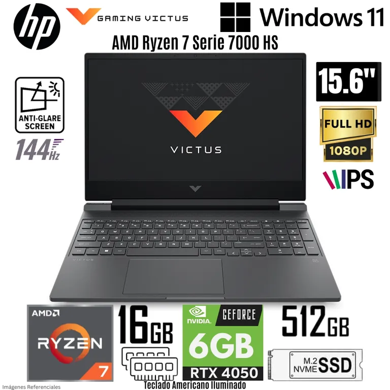 Laptop Victus 15-FB3093DX AMD Ryzen 7 7445HS 16GB RAM 512GB SSD RTX 4050-6GB 15.6" FHD Win 11
