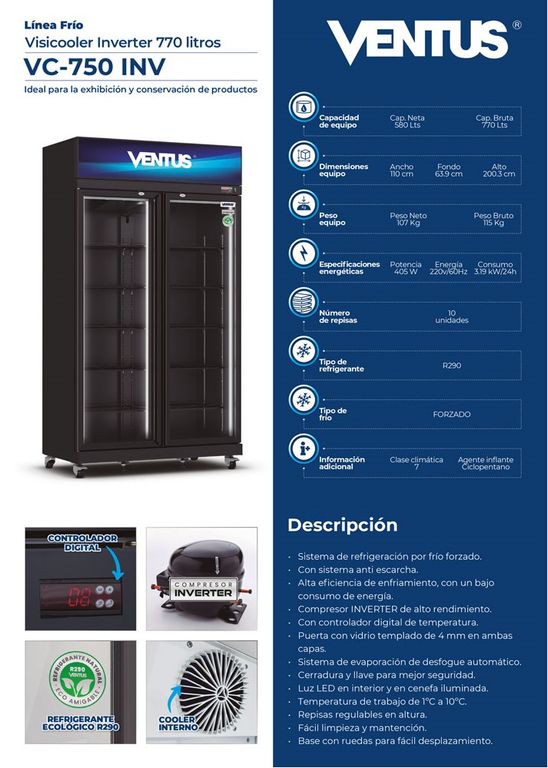 Visicooler Inverter negro, 2 puertas 770L, VC-750 INV-VENTUS