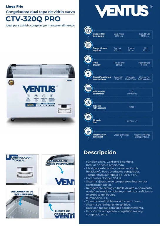 Congeladora Dual Tapa de Vidrio Curvo, 320 L, CTV-320Q PRO -