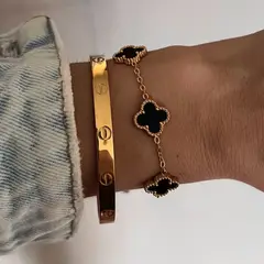 GENERICO - Set de pulsera trebol negro vc + puñera - Bañado en oro 18 k