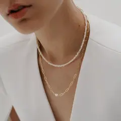 GENERICO - Set choker de perlas naturales de rio y collar dorado bañado en oro