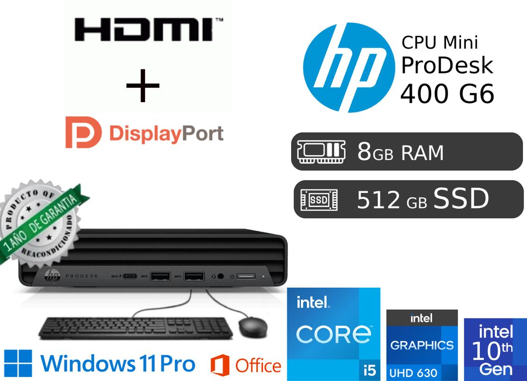 ProDesk Mini 400 G6 i5 10ma 8GB RAM 512GB SSD Reacondicionada 1 Año de garantía HDMI DP