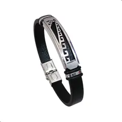 GENERICO - Pulsera Con Esclava De Acero Inoxidable Cuero Pu Para Hombre