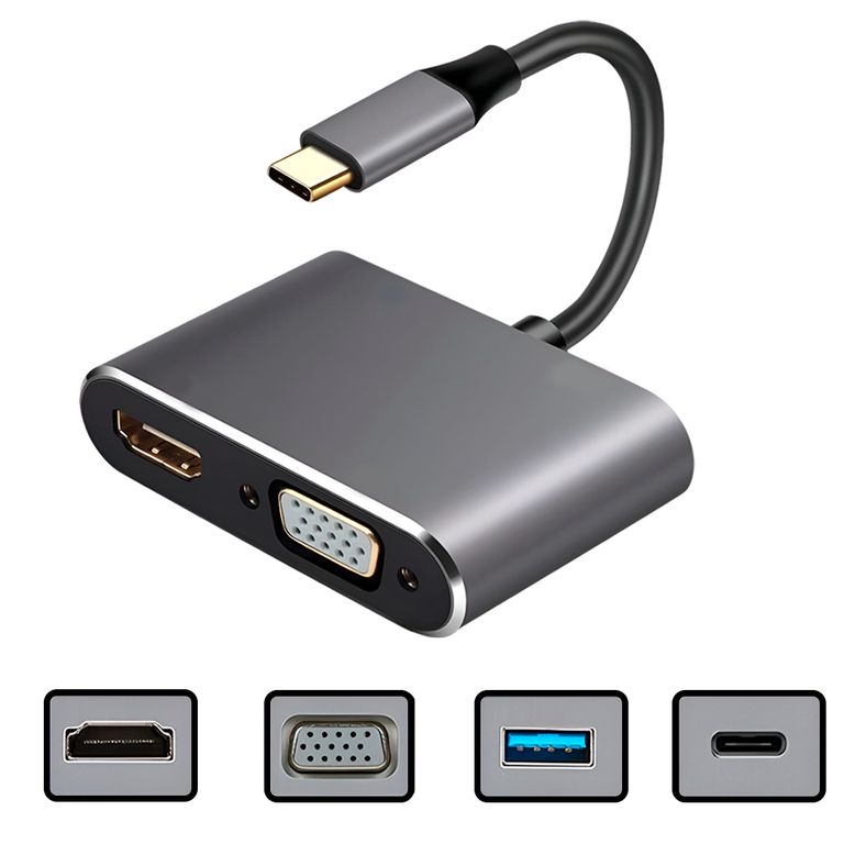 Adaptador 4 En 1 Usb-c A Vga/hdmi/usb 3.1 4k Ultra Fast Gris