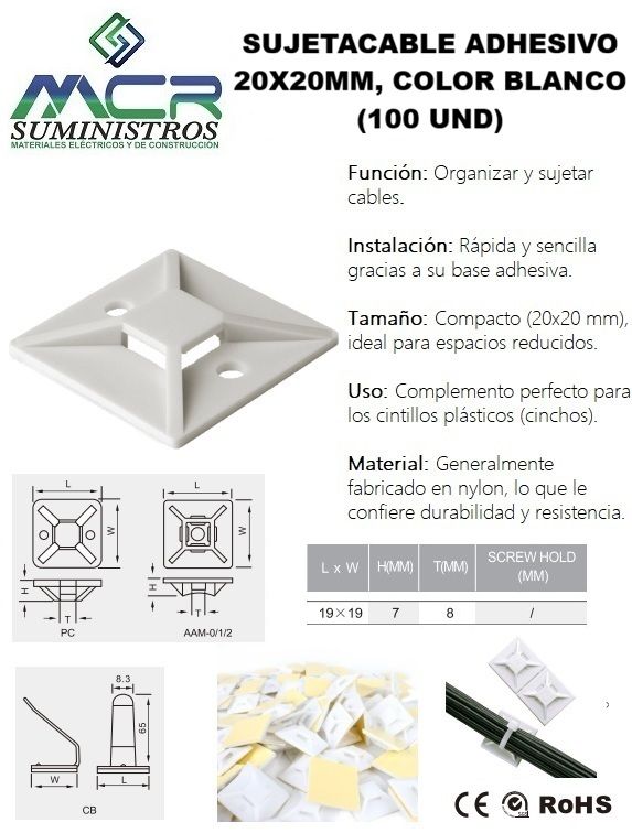 SUJETACABLE ADHESIVO 20X20MM BLANCO 100UND