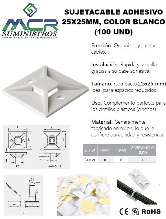 SUJETACABLE ADHESIVO ADHESIVO 25X25MM BLANCO 100UND