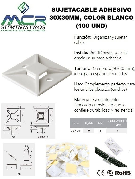 SUJETACABLE ADHESIVO 30x30MM BLANCO 100UND
