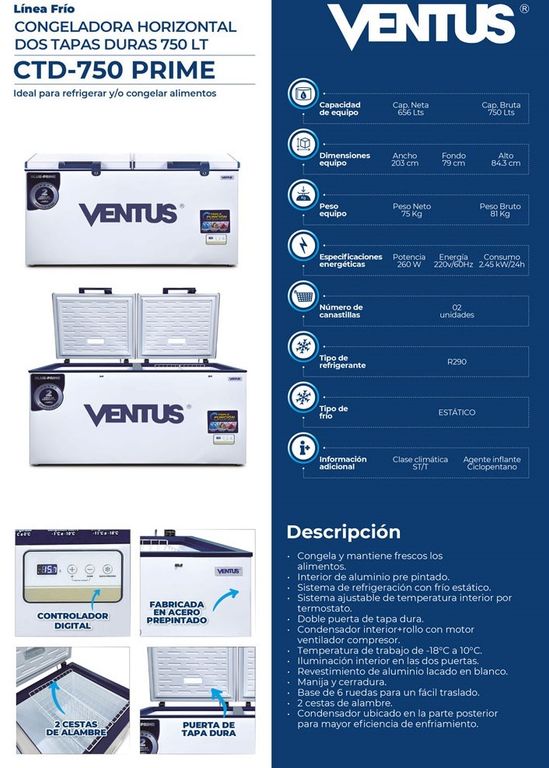 Congeladora Triple Función Tapa dura 2 Puertas de 750 Litros, CTD-750 PRIME -