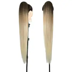 GENERICO - EXTENSIONES DE COLA DE FIBRA FUTURA LISOS BRAZILEROS DE 90CM DE LARGO Y 160GR CON 2 CLIP Y LIGA AJUSTABLE - RUBIO CENIZO CLARO DORADO BALAYAGE