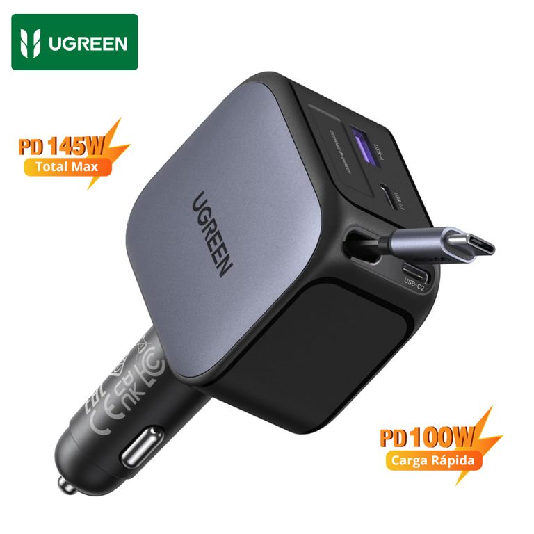 Cargador de Auto 145W Retráctil USB-C Laptop Teléfono y Tablet
