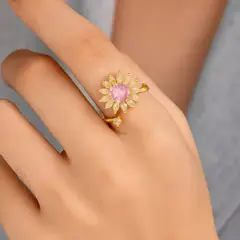 GENERICO - ANILLO GIRASOL DORADO AJUSTABLE ANTIESTRES CON CRISTAL ROSA PARA ELLA