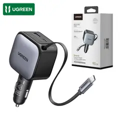 UGREEN - Cargador de Auto 90W Cable Type C Retráctil Carga Rapida para Iphone Macbook Samsung Honor Xiaomi