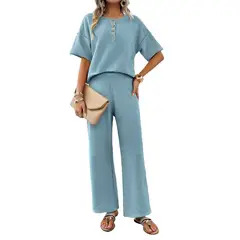 TIOZONEY - Traje de manga corta de punto para mujer-Azul