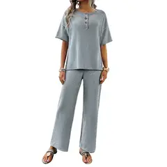 TIOZONEY - Traje de manga corta de punto para mujer-Gris