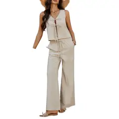 TIOZONEY - Traje sin mangas de color liso para mujer-Beige