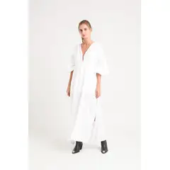 VELEZ - Vélez Vestido Maxi Alisa Lino Mujer Detalle Recogido Blanco