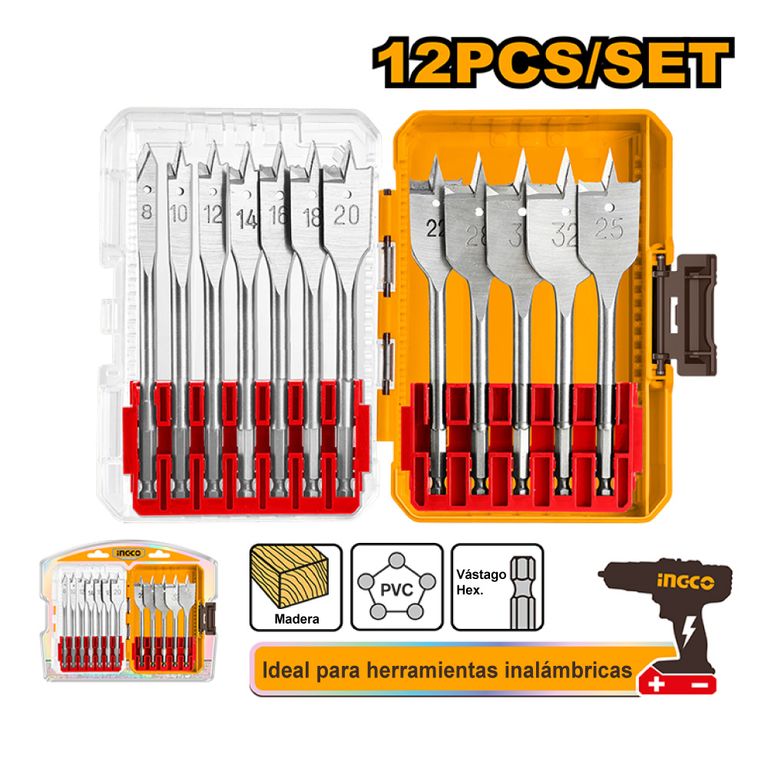 SET 12 BROCAS PLANAS PARA MADERA INGCO AKDL1206