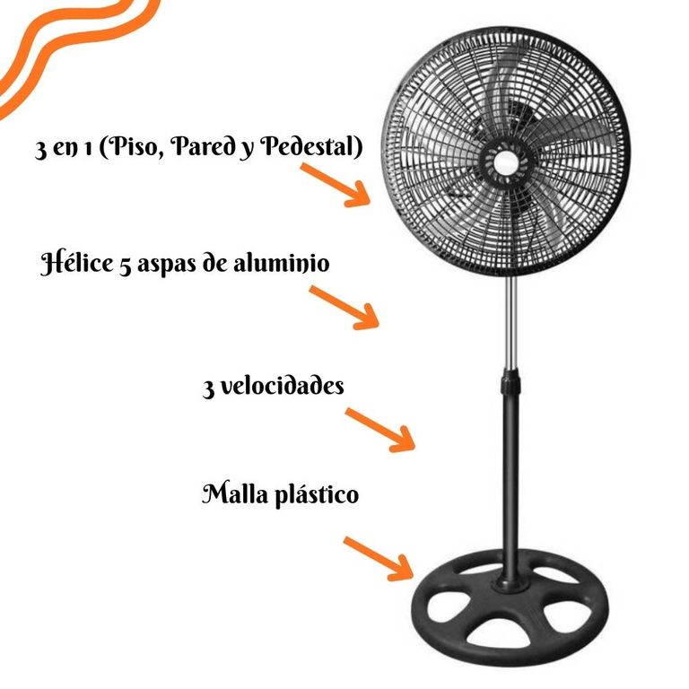 Ventilador Orbital de 5 Aspas Metalicas Malla Plastica 3 en 1 de18"