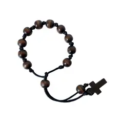 GENERICO - Pulsera Mujer Cruz Cuentas Madera Tejida Hilo Negro Regalo