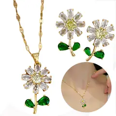 NO LOGO - Set Collar Aretes Flor Acero Inoxidable + Estuche