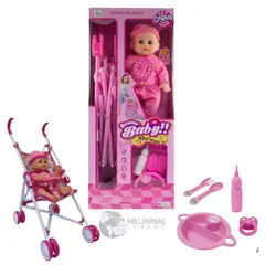 GENERICO - Muñeca Bebé Ojos Parpadeantes + Coche + Set Comida