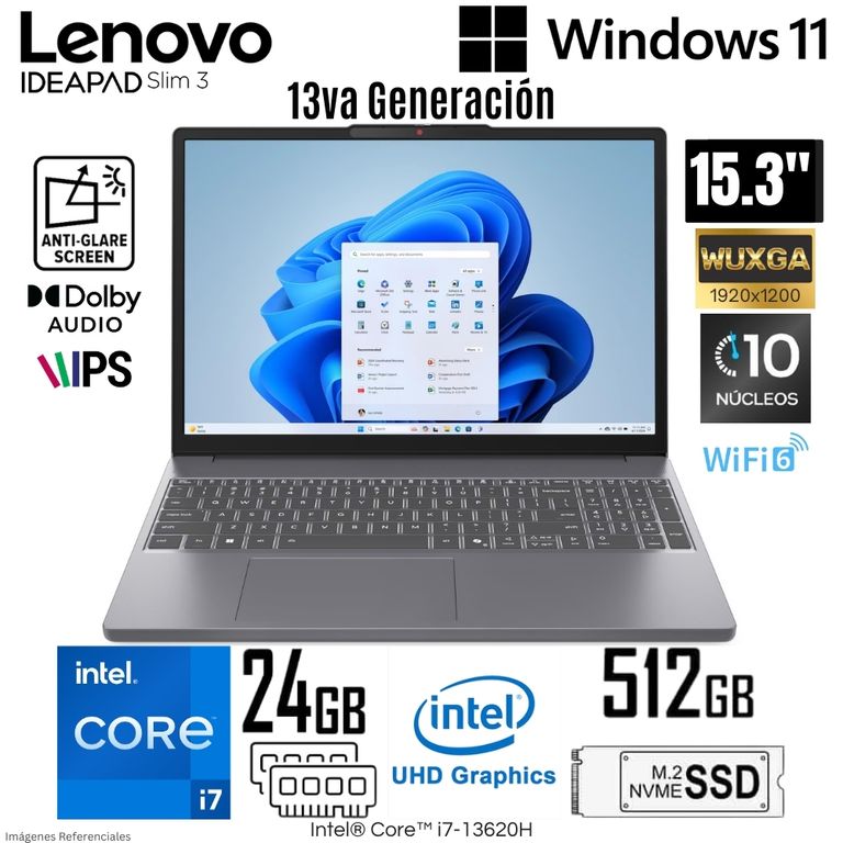 Laptop IdeaPad Slim 3 Intel Core i7-13620H 24GB RAM 512GB SSD 15.3" WUXGA IPS - 83K100KFLM