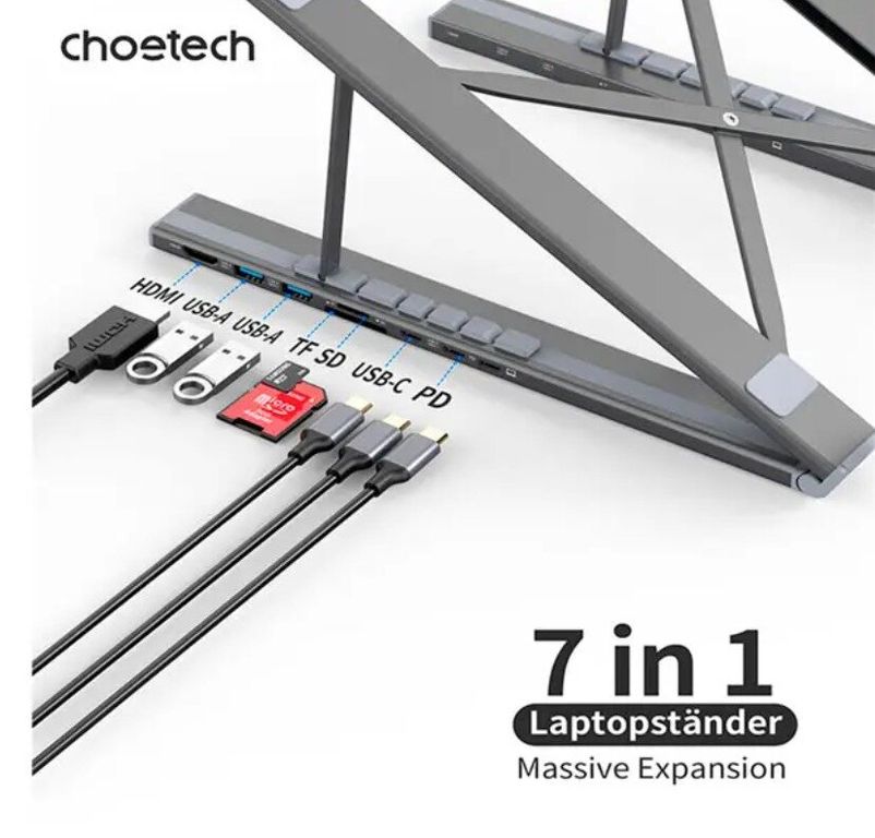 Soporte para Laptop HUB-M48 7 en 1 HDMI, USB-A, USB-C, microSD