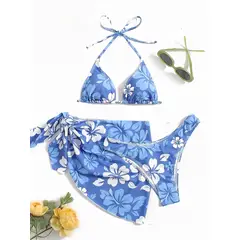 GENERICO - BIKINI AZUL LOLITAS CON PAREO FLOWERS VERANIEGO