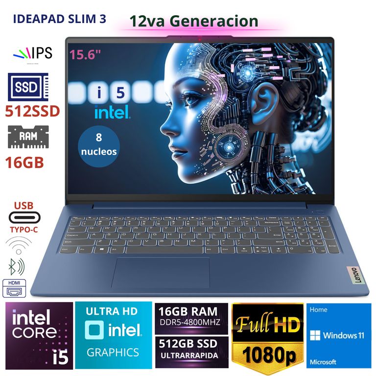 Laptop IdeaPad Slim 3 15.6" FHD TN, Core i5-12450H, 12va Gen, Ram 16GB, SSD 512GB windows