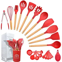 GENERICO - SET UTENSILIOS DE COCINA 12 PIEZAS SILICONA Y MADERA COCINA REPOSTERIA