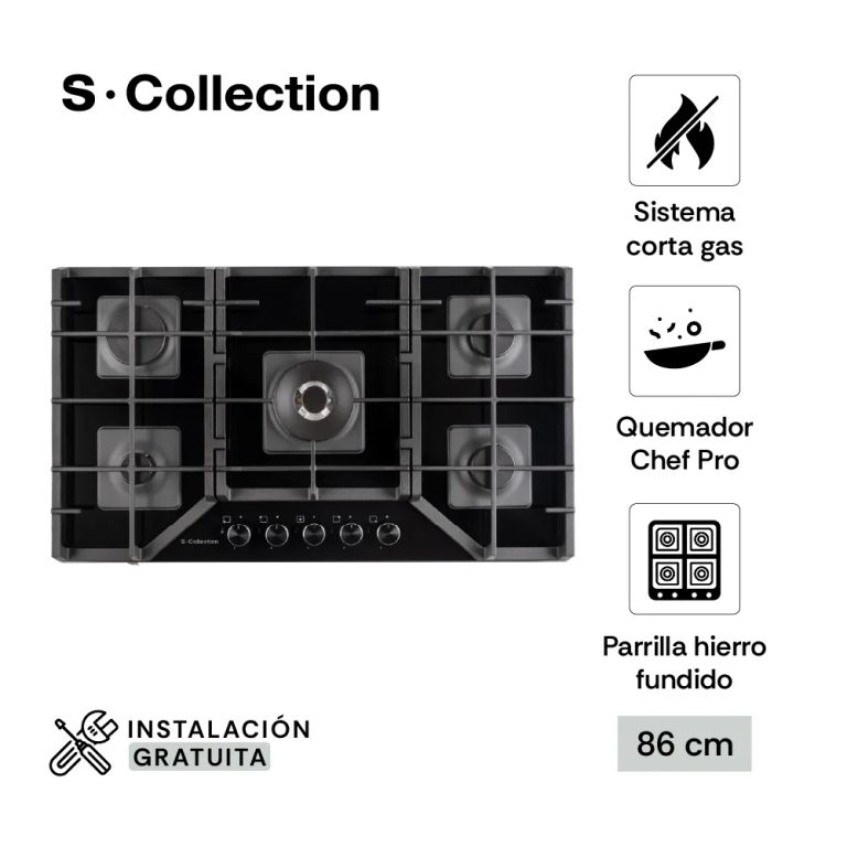 Encimera Vidrio Templado A Gas 90 Cm S-Collection 5 Hornillas
