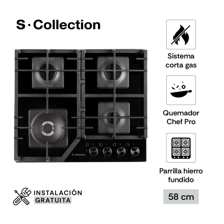 Encimera Scollection Vidrio Templado A Gas 58Cm 4 Hornillas