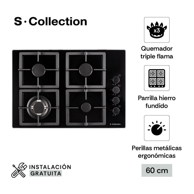 Encimera Scollection Black Glass A Gas 60cm
