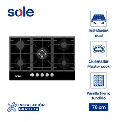 SOLE - Encimera de Vidrio Templado 77 Cm 5 Hornillas