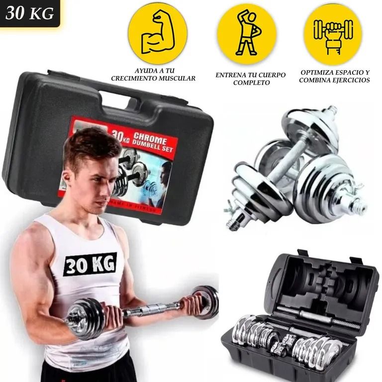 Juego de Mancuernas de Gimnasio Pesas Ajustables 30Kg Metal Cromadas