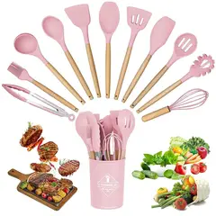 GENERICO - SET UTENSILIOS DE COCINA 12 PIEZAS SILICONA Y MADERA COCINA REPOSTERIA