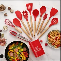 GENERICO - SET UTENSILIOS DE COCINA 12 PIEZAS SILICONA Y MADERA ANTIDESLIZANTE