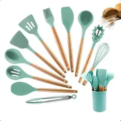 GENERICO - SET UTENSILIOS DE COCINA 12 PIEZAS SILICONA Y MADERA ANTIDESLIZANTE