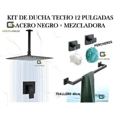 GREEN HOUSE - KIT DE DUCHA TECHO 12 PULGADAS ACERO NEGRO MATE